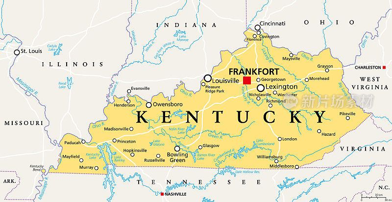 Kentucky, KY, political map, Bluegrass State, Southeastern US state